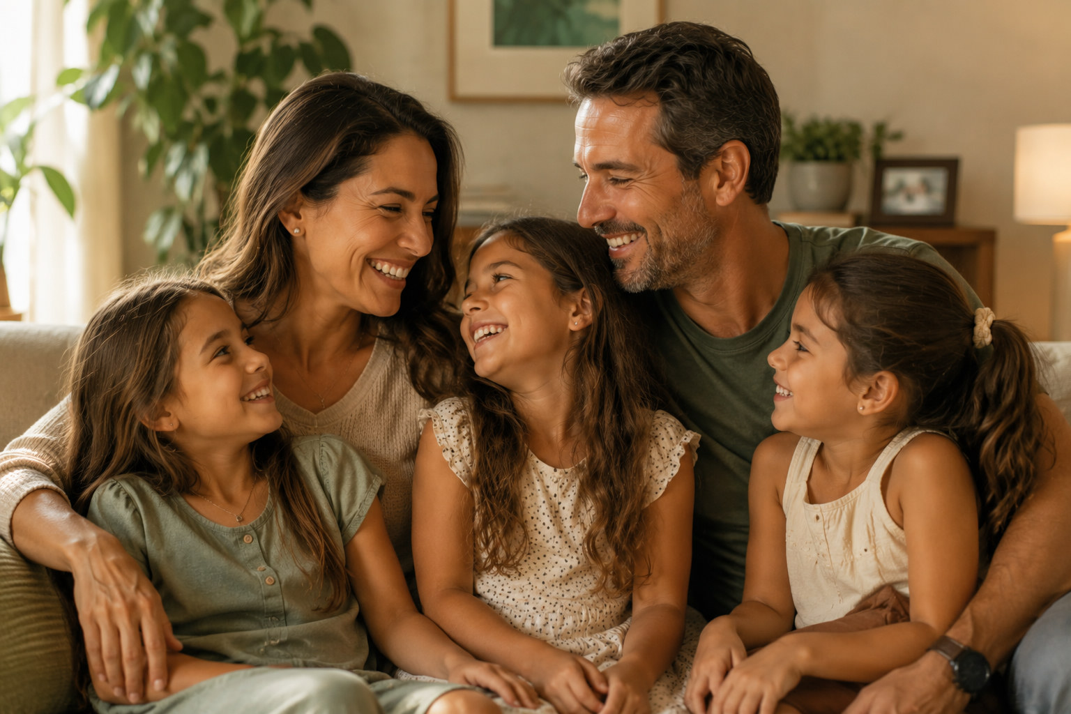 Família no sofá — pais e filhos em um momento juntos