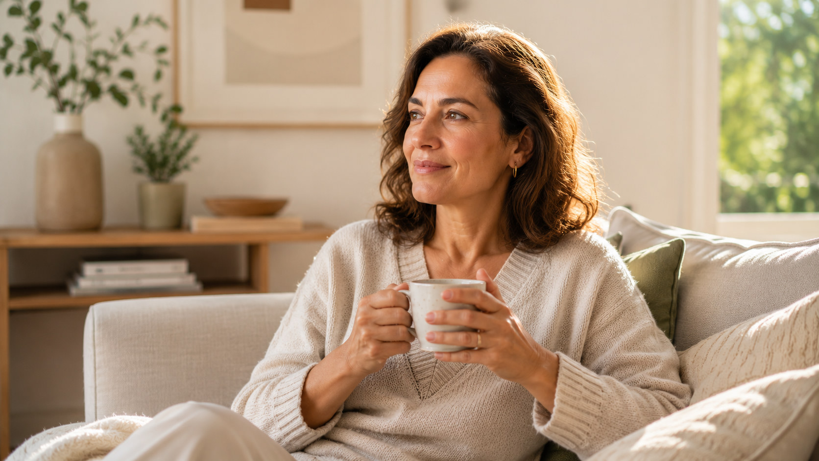 Mulher em casa, com um café, em um momento de calma